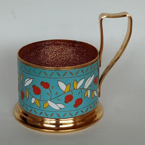 Подстаканник Клюква (голубой фон, красные ягоды, бело-желтые листья) - Ленинградское объединение "Русские самоцветы" (1970-1999 гг)